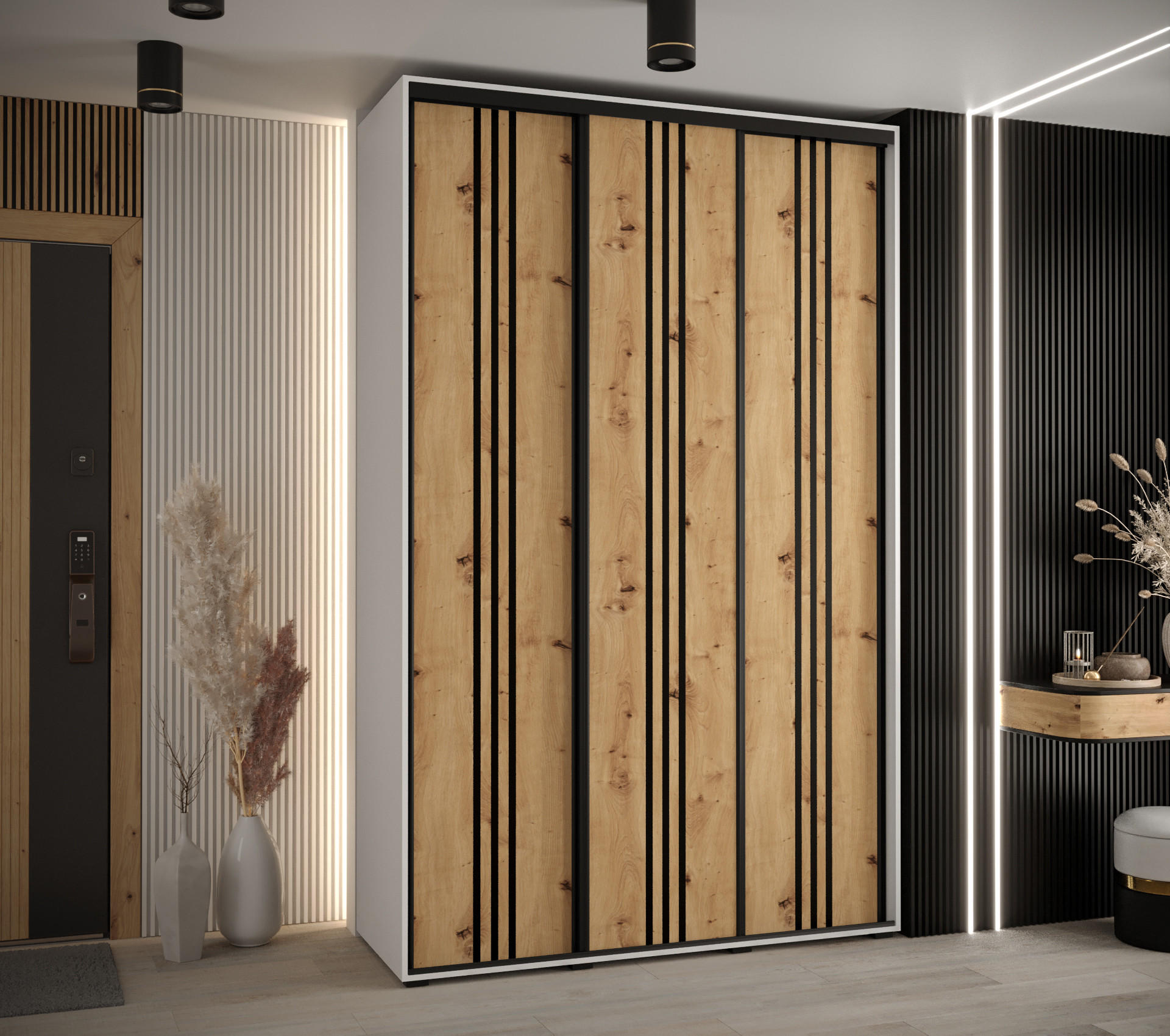 SCHWEBETÜRENSCHRANK 235,2/150/60 3-türig - Schwarz/Weiß, Holz/Metall (150/235/60cm) - Abiks Möbel