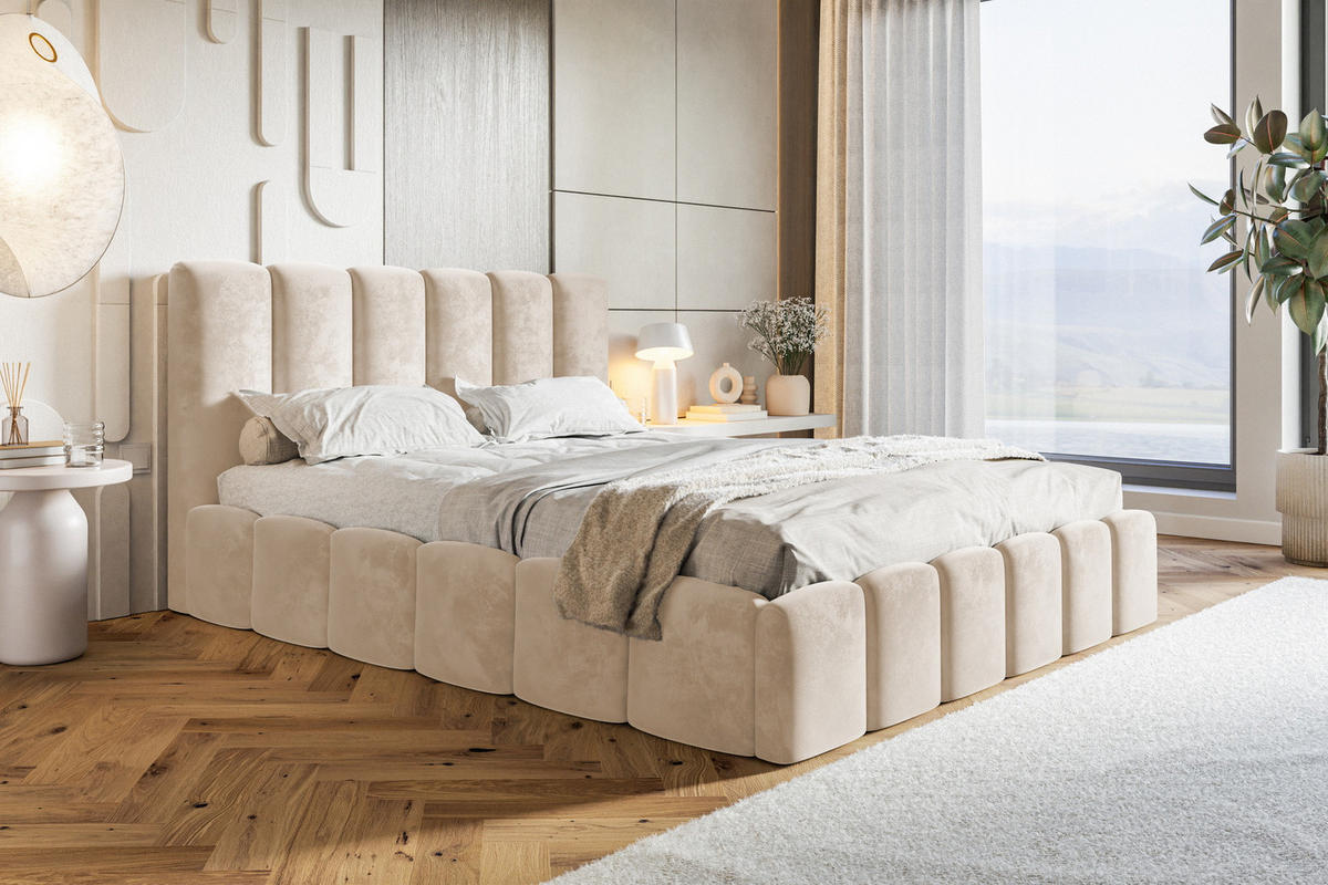 POLSTERBETT 140x200 Palermo mit Bettkasten, Lattenrost, Beige - Beige, Holz/Textil (140/200cm) - Emporius