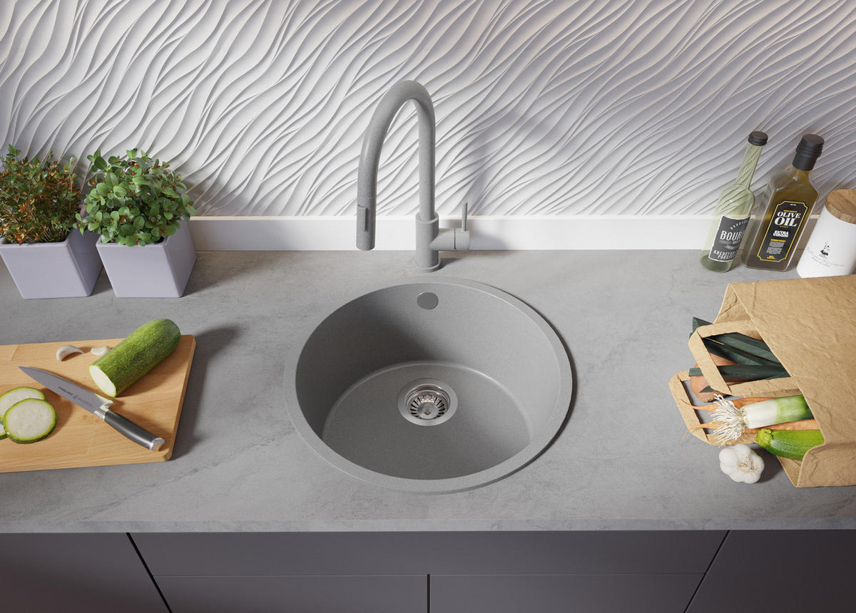 SPÜLBECKEN RUND Valletta Slim, 2-er set Grau 46/46 cm 1 Becken + Ablauf-Set ab 50er Unterschrank - Chromfarben/Grau, Kunststoff (46/20/46cm) - Primagran