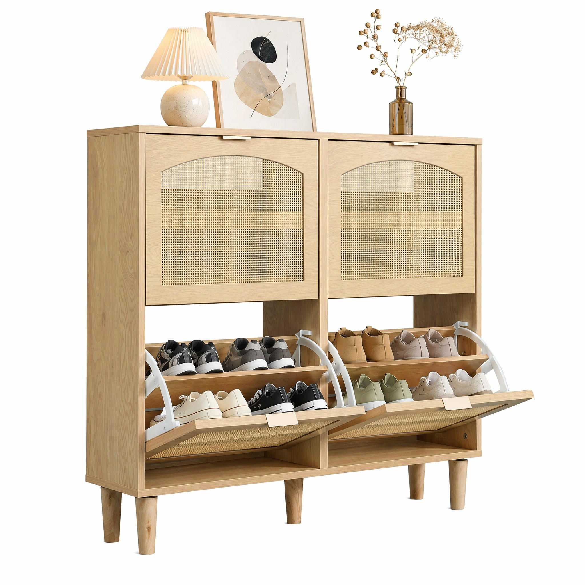 SCHUHSCHRANK in Eichefarben Schuhkommode aus Rattan mit 4 Klappschubladen für Schlafzimmer oder Flur, B100/T25/H90cm - Eichefarben/Naturfarben, Holz/Holzwerkstoff (100/90/25cm) - STILVORA