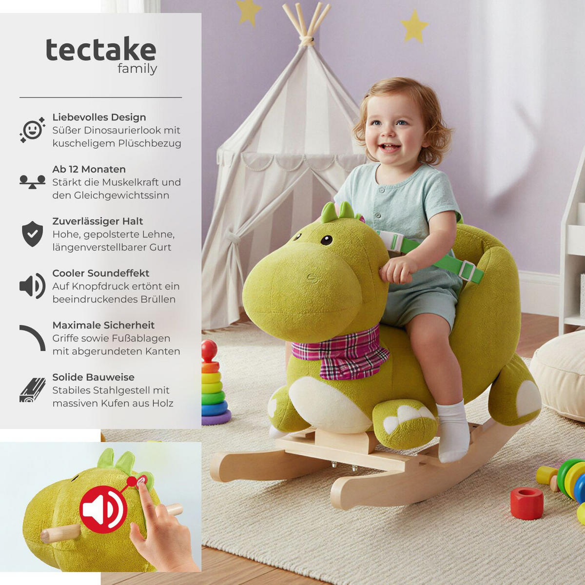 SCHAUKELTIER Dinosaurier ,massive Holzkufen, ab 12 Monaten geeignet,grün - Grün, Textil (35/50/70cm) - tectake