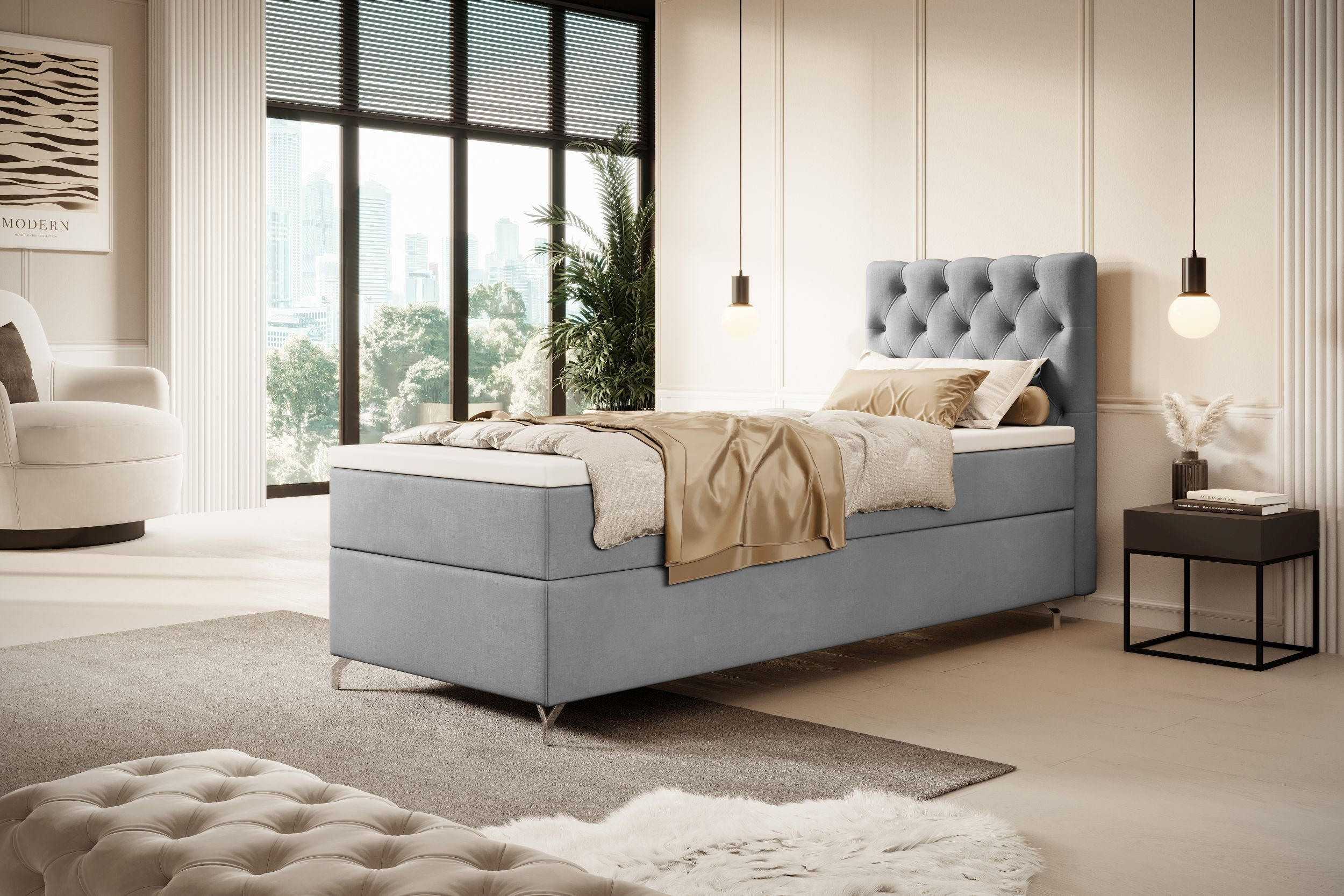 BOXBETT CHESTER P mit Matratze H3, Bonell und Topper 100x200 Monolith 84 - Hellgrau, Textil (100/200cm) - Bedante