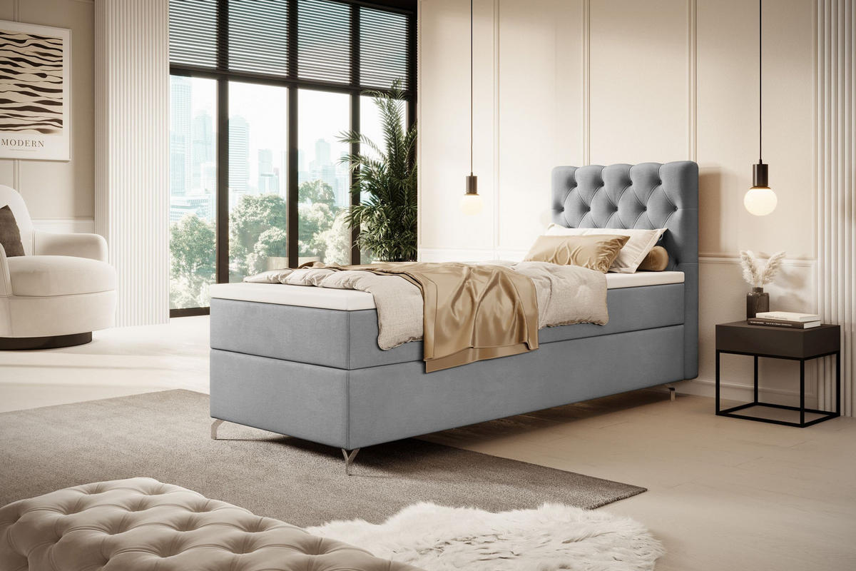 BOXBETT CHESTER P mit Matratze H3, Bonell und Topper 100x200 Monolith 84 - Hellgrau, Textil (100/200cm) - Bedante