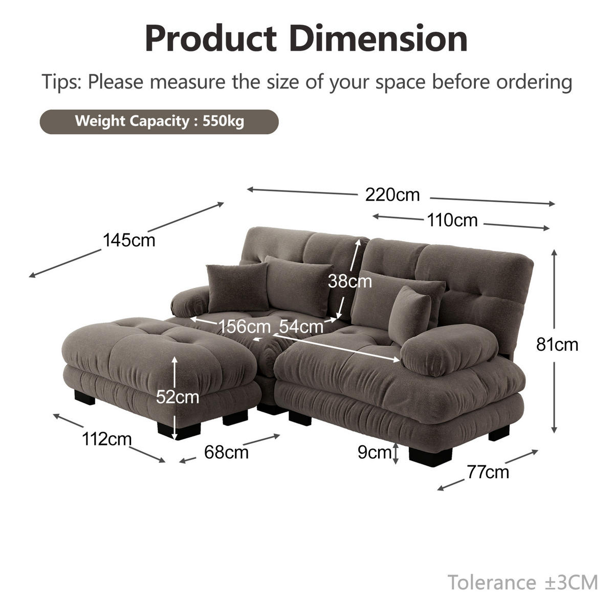 SOFA modular Chenille Brown mit Ottomane und Kissen - Dunkelgrau, Holzwerkstoff (145/220cm) - Meubliv
