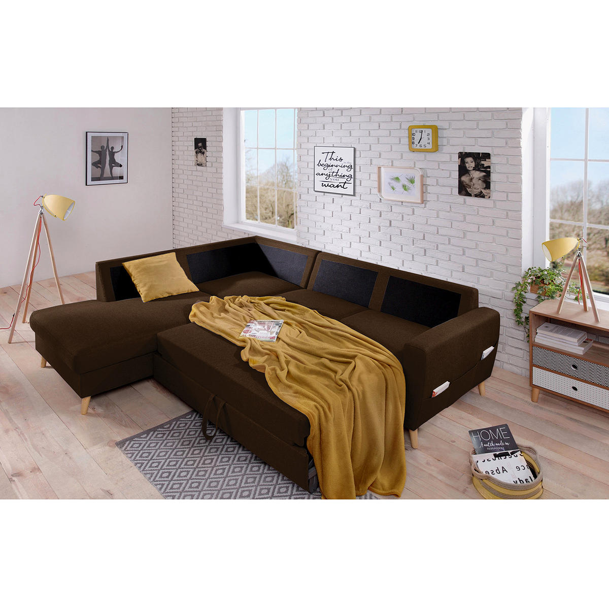ECKSOFA mit Ottomane - Webstoff - Hellbraun/Dunkelbraun, Holz/Textil (230/200cm) - home24