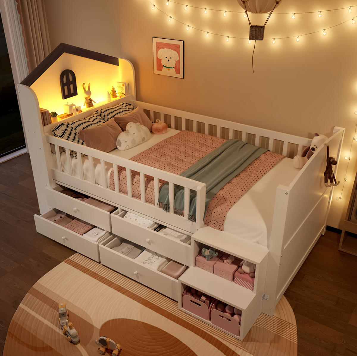 HALBHOHES Bett 90/200 cm in Weiß aus Kiefernholz und MDF mit LED-Beleuchtung und Stauraum - Weiß, Holz (90/200cm) - OKMYHOME