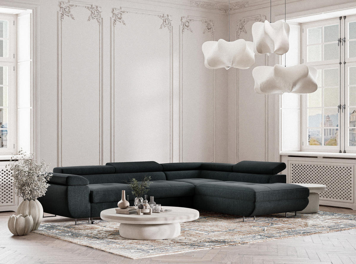 ECKSOFA Concord Türkis Webstoff - Rechts Seite - Türkis/Schwarz, Holz/Holzwerkstoff (277/203cm) - Maison de Reve