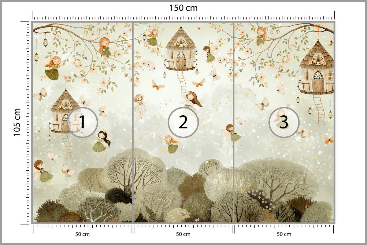 FOTOTAPETE für Kinderzimmer Waldfeen Blumen Sterne Schmetterlinge Baum 150x105 - Beige/Orange, Papier (150/105cm) - Muralo