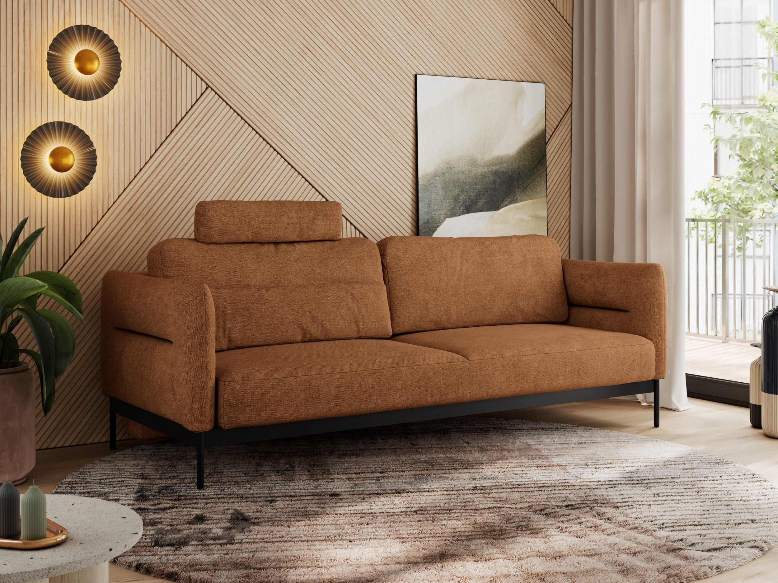 SOFA SALENTO Orange Struktur - Schwarz/Orange, Textil/Metall (221/82/101cm) - MKS