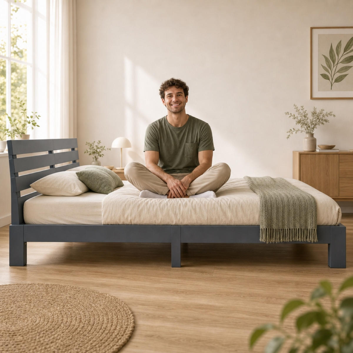 POSTEL Siva masivni les bor z letvenim dnom 140x200 cm - antracit, les - Relaxdays