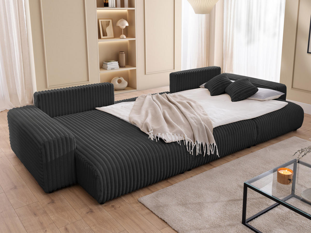 WOHNLANDSCHAFT Mollis Dunkelgrau Plüschcord mit Schlaffunktion - Dunkelgrau/Schwarz, Holz/Kunststoff (350/77/168cm) - S-Style Möbel