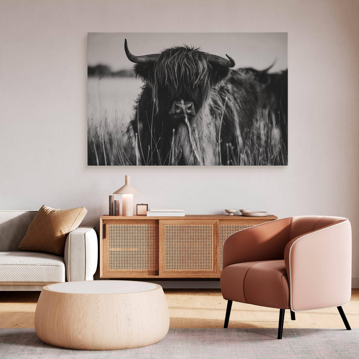 LEINWANDBILD Für Esszimmer Schottische Hochlandrind Kuh Tier 3D 30/20 cm - Schwarz/Weiß, Textil (30/20cm) - Muralo