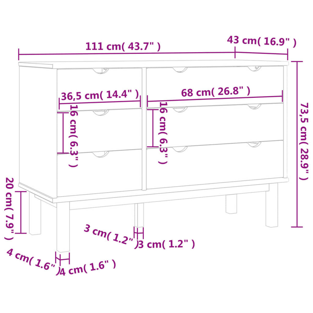 SCHUBLADENSCHRANK OTTA BRAUN & GRAU 111X43X73,5 CM MASSIVHOLZ - Grau, Holz (111/73.5/43cm) - vidaXL
