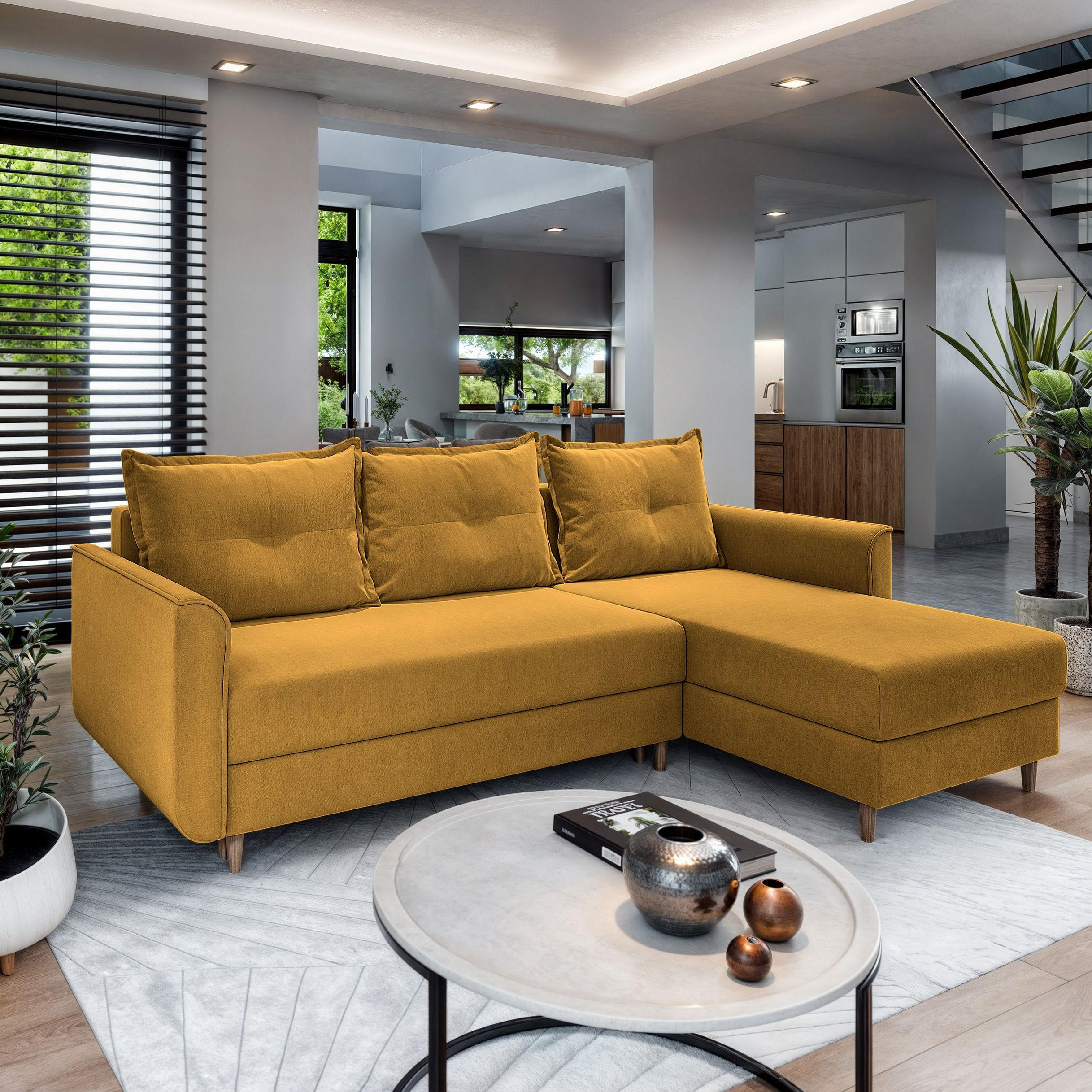 ECKSOFA PISAN R-S Gelb Plüsch-Stoff mit Schlaffunktion - Gelb, Holz (220/140cm) - MASSENO