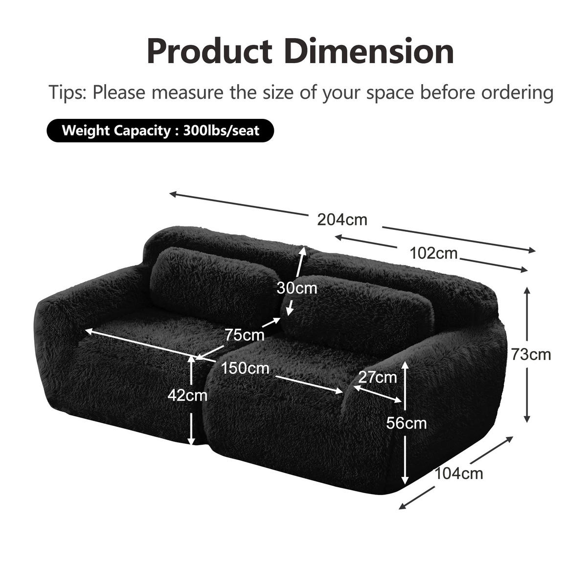 2-SITZER Sofa aus Plüsch mit modularem Design, schwarz - Schwarz, Textil (104/73/204cm)
