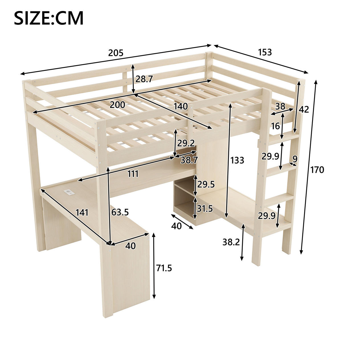 HOCHBETT 140/200 cm aus Massivholz und MDF mit Schreibtisch, LED, USB, Regalen und offenem Kleiderschrank, Natur - Naturfarben, Holzwerkstoff (140/200cm) - Redom