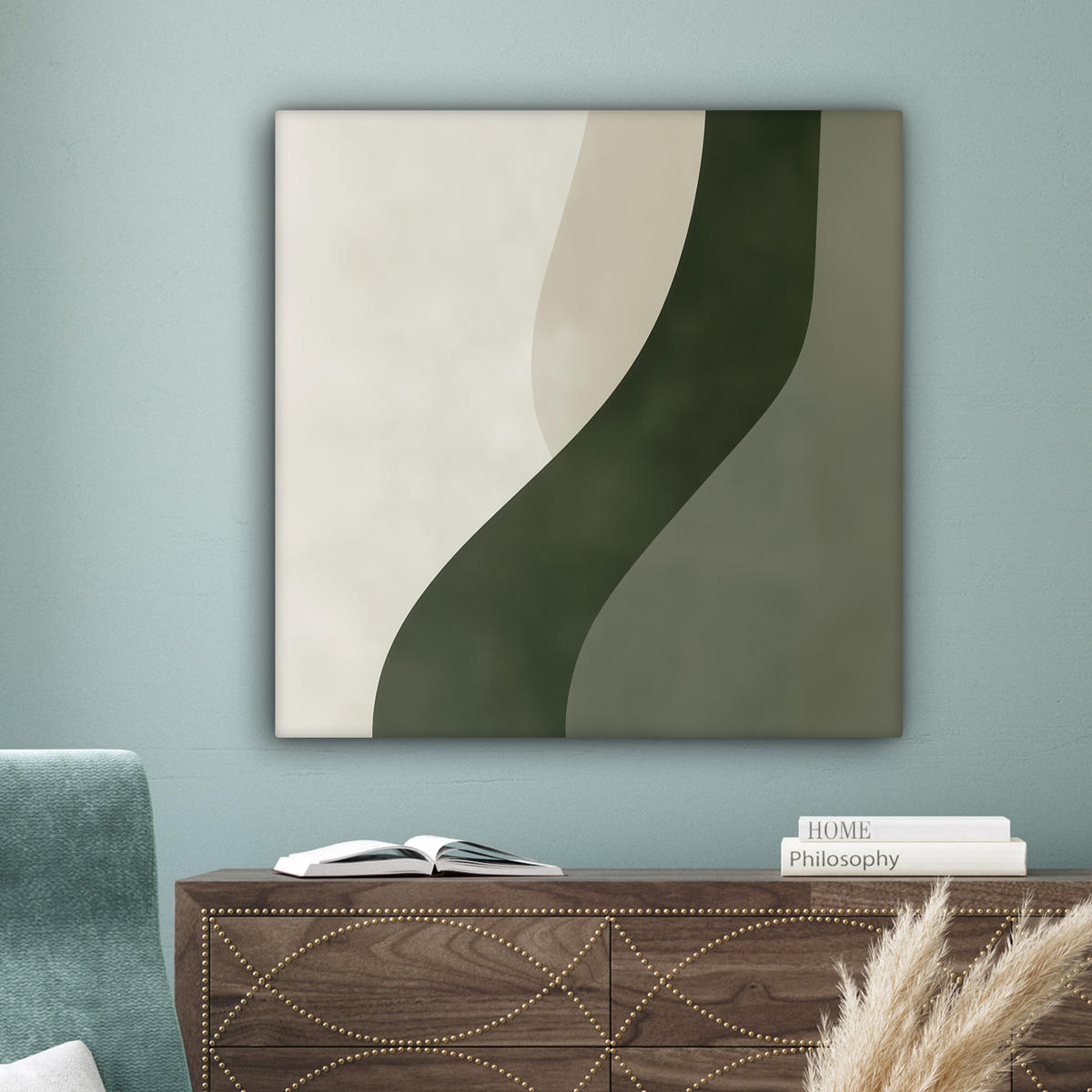 LEINWANDBILD Japandi - Grün - Abstrakt - Modern 90x90 cm - Salbeigrün, Textil (90/90cm) - MuchoWow