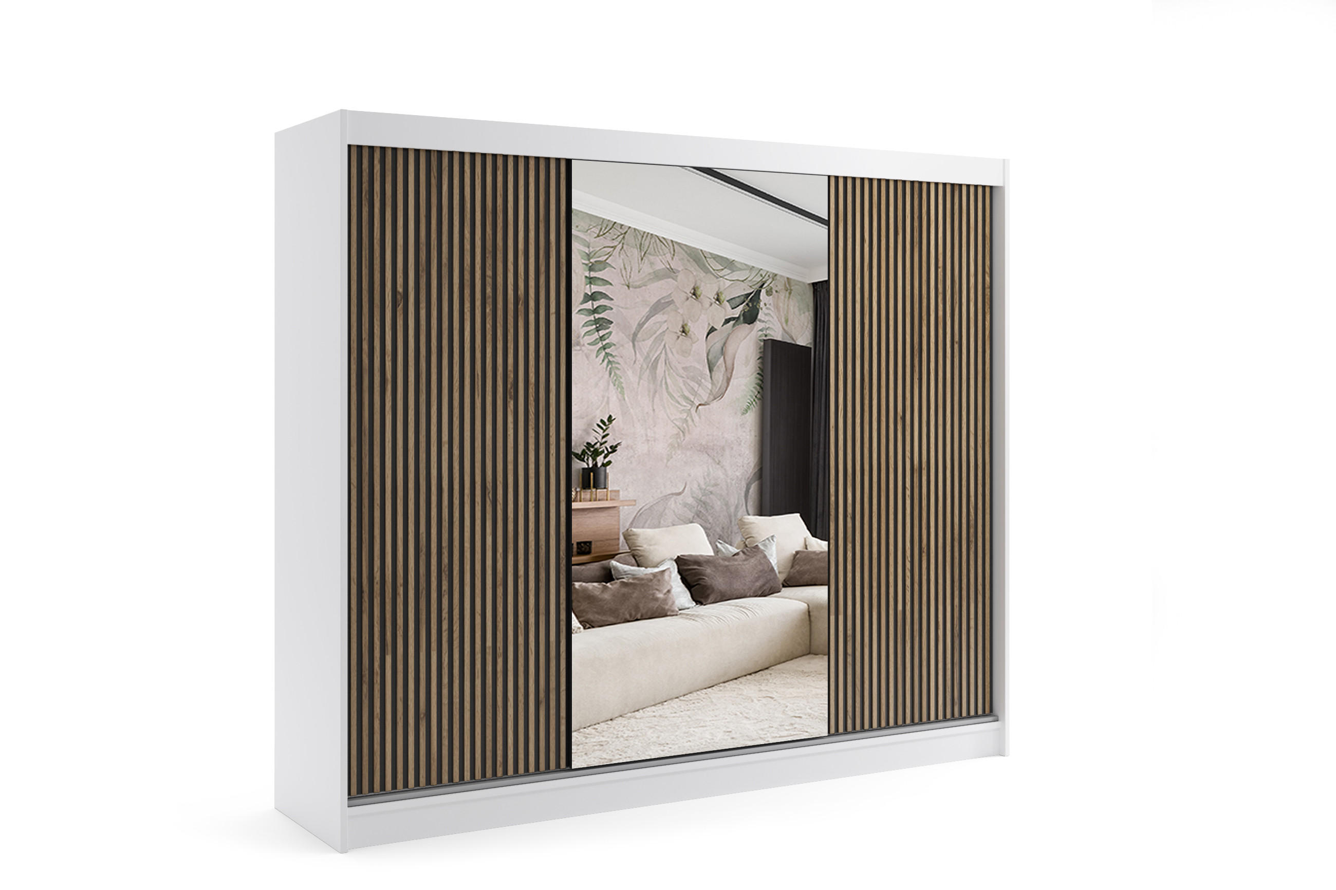 KLEIDERSCHRANK VILAN mit Spiegel - 250 cm - Weiß|Eiche Wotan - Eiche Wotan/Weiß, Holzwerkstoff (250/215/61cm) - ALTDECOR