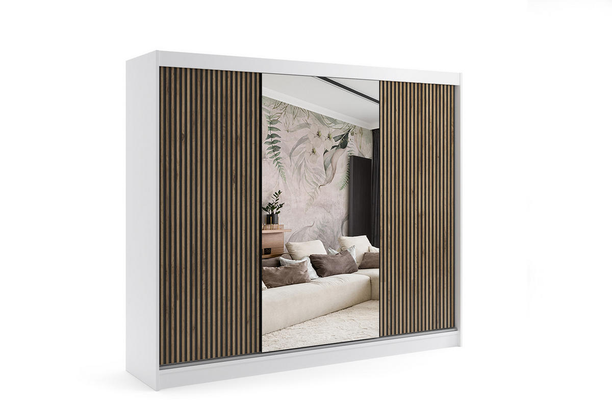KLEIDERSCHRANK VILAN mit Spiegel - 250 cm - Weiß|Eiche Wotan - Eiche Wotan/Weiß, Holzwerkstoff (250/215/61cm) - ALTDECOR