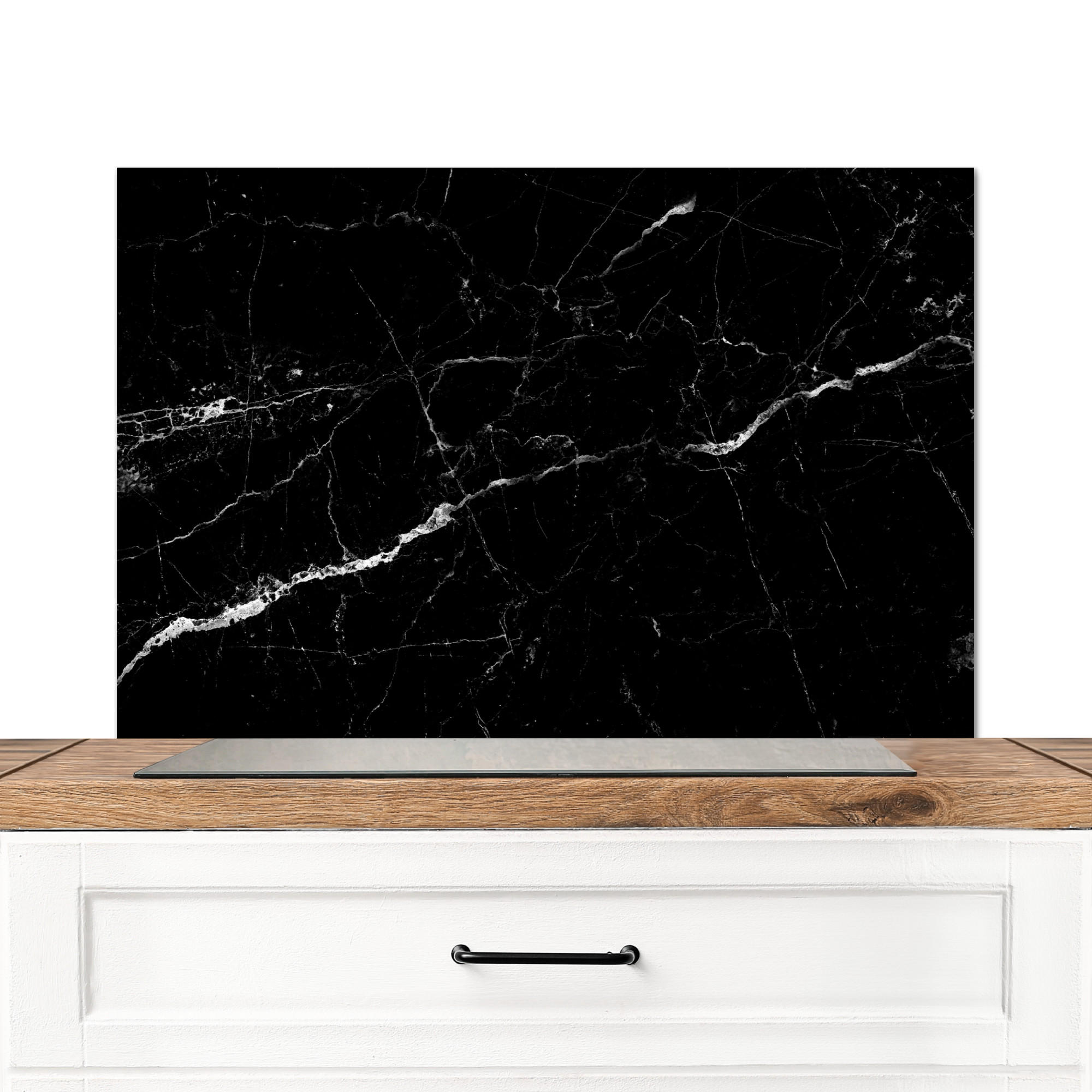 SPRITZSCHUTZ KÜCHE Marmoroptik - Schwarz - Luxus 90x60 cm - Grau, Metall (90/0.3/60cm) - MuchoWow
