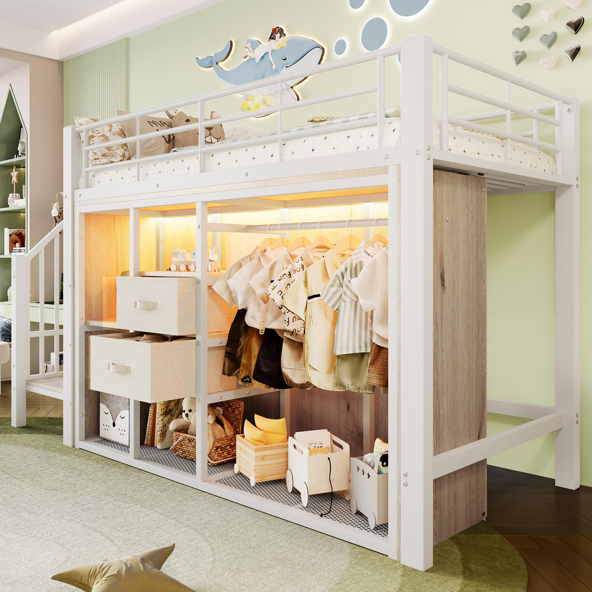 HOCHBETT 90/200 cm Weiß mit 2 Schubladen und mehrfarbiger LED-Beleuchtung - Weiß, Metall (90/200cm) - OKWISH