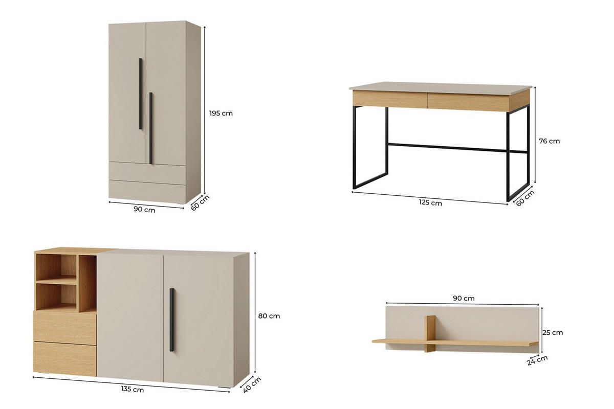JUGENDZIMMER-SET LIMA B 4-teilig in Kaschmir/Eiche - Kaschmir/Eichefarben, Holzwerkstoff (350/195/60cm) - Deine Möbel 24