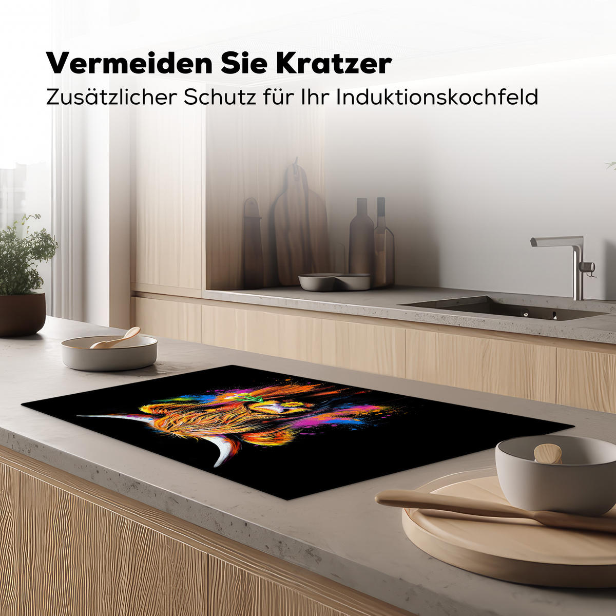 HERDABDECKPLATTE Schottischer Highlander - Graffiti - Bunt - Blume - Tiere Ceranfeldabdeckung 85x52 cm - Multicolor, Kunststoff (85/52/0.2cm) - MuchoWow