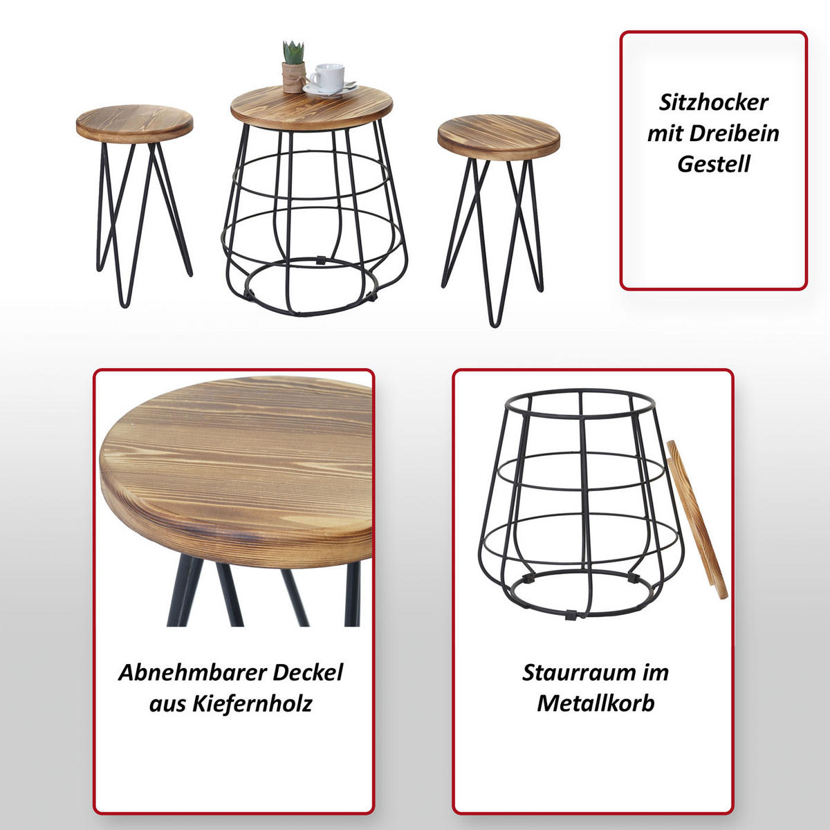 SITZHOCKER MIT TISCH Braun, Schwarz 2er-Set - Schwarz/Braun, Holz (85/40/35cm) - MCW