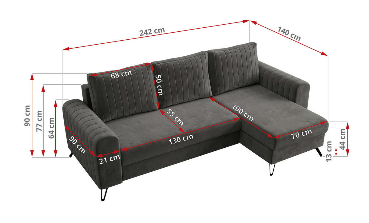 ECKSOFA Axel Velvet Grau - Schwarz/Grau, Textil/Metall (242/140cm) - MKS