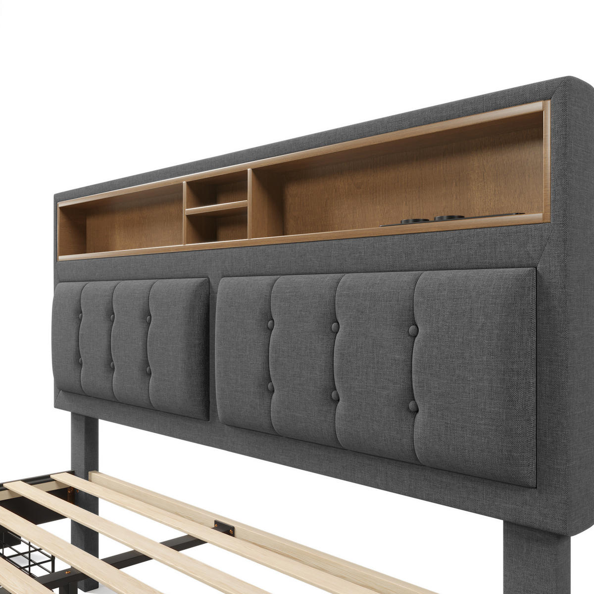 BETT mit 4 Schubladen & USB-C 140x200 cm Leinen Grau - Grau, Metall (140/200cm) - Meubliv