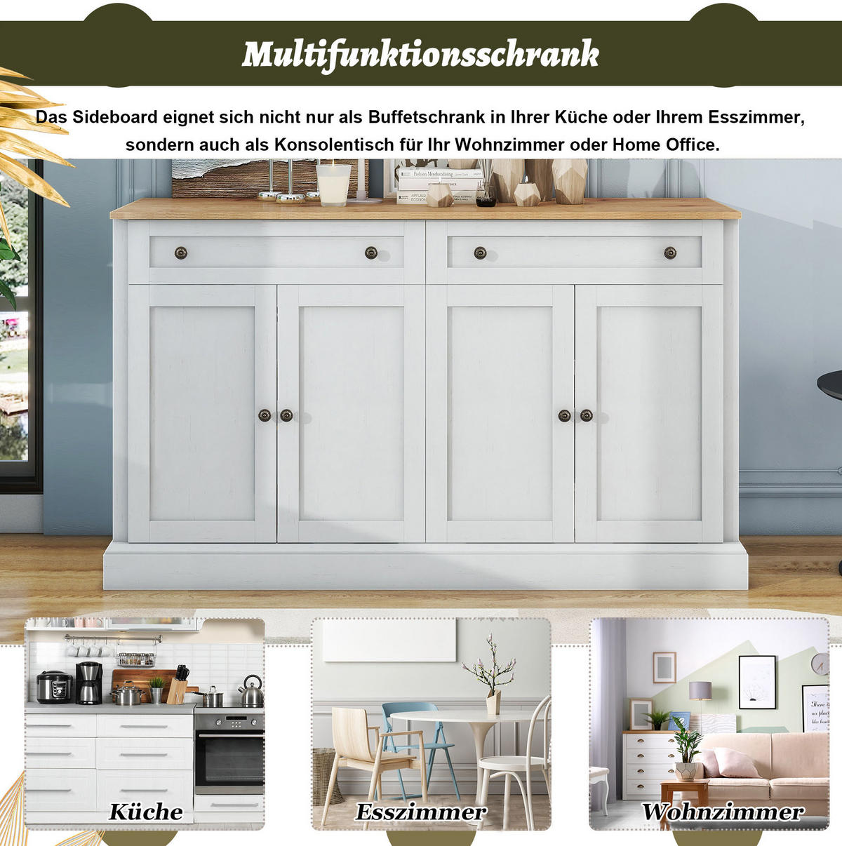 SIDEBOARD 150/40/86 cm weiß/natur aus Spanplatte mit 4 Türen - Naturfarben, Holzwerkstoff (150/86/40cm) - OKWISH