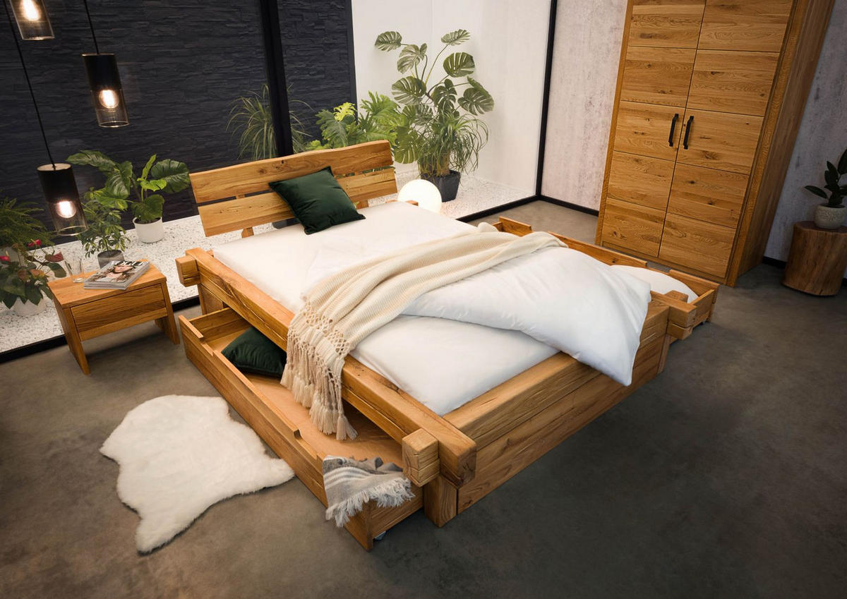BETT mit Schublade Massivholz Wildeiche 140 x 200 x 85 natur BALKENMÖBEL #127 - Naturfarben, Holz (140/200cm) - Massivmoebel24