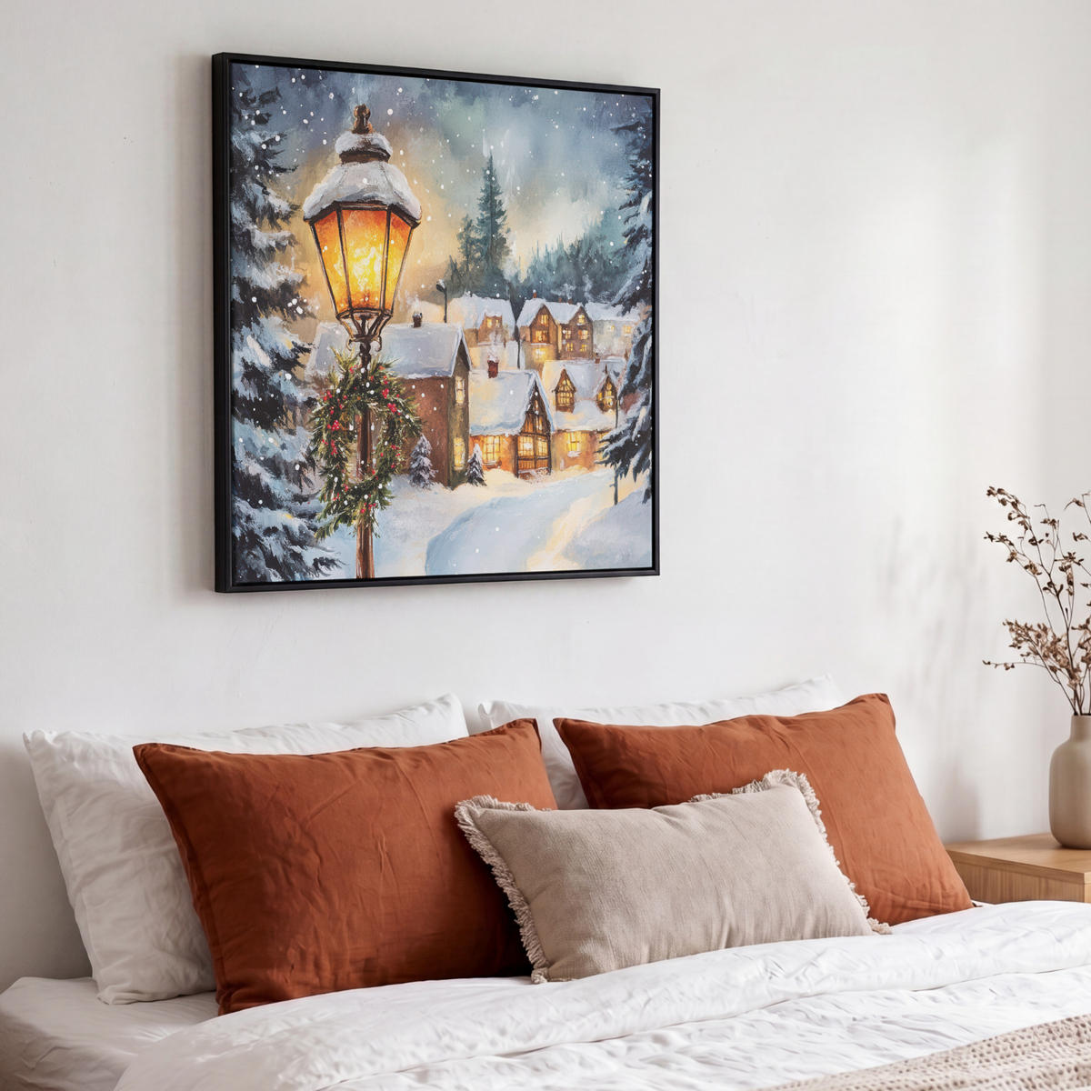 LEINWAND Bilder mit Rahmen - Weihnachtsdorf - Häuser - Schnee - Weihnachten - 50x50 - Sandfarben, Textil (50/50cm) - MuchoWow