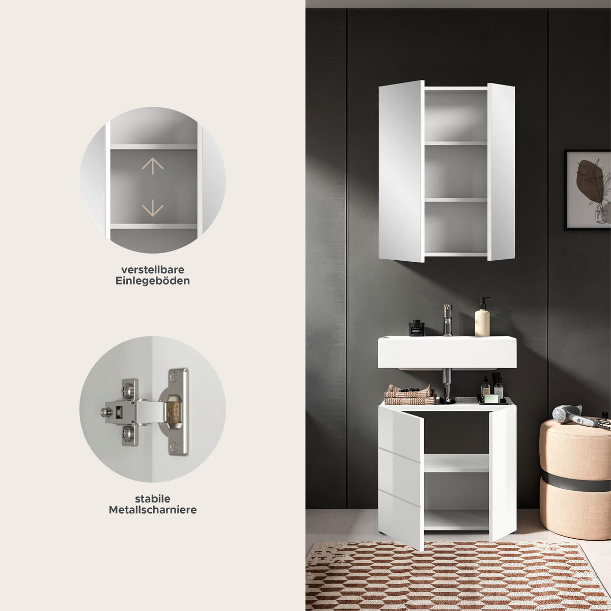 BADMÖBEL Set Vira 2tlg. Bad Kombination in Weiß (B/H/T: 60x190x34 cm) - Weiß, Holz (60/190/34cm)