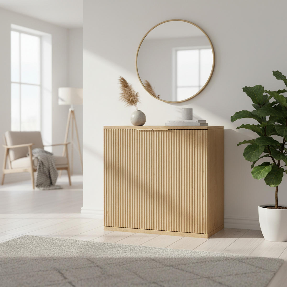 SIDEBOARD in Heller Holzoptik mit Geriffelter Front, Beige - Beige, Holzwerkstoff (40/80cm) - Urban Meuble