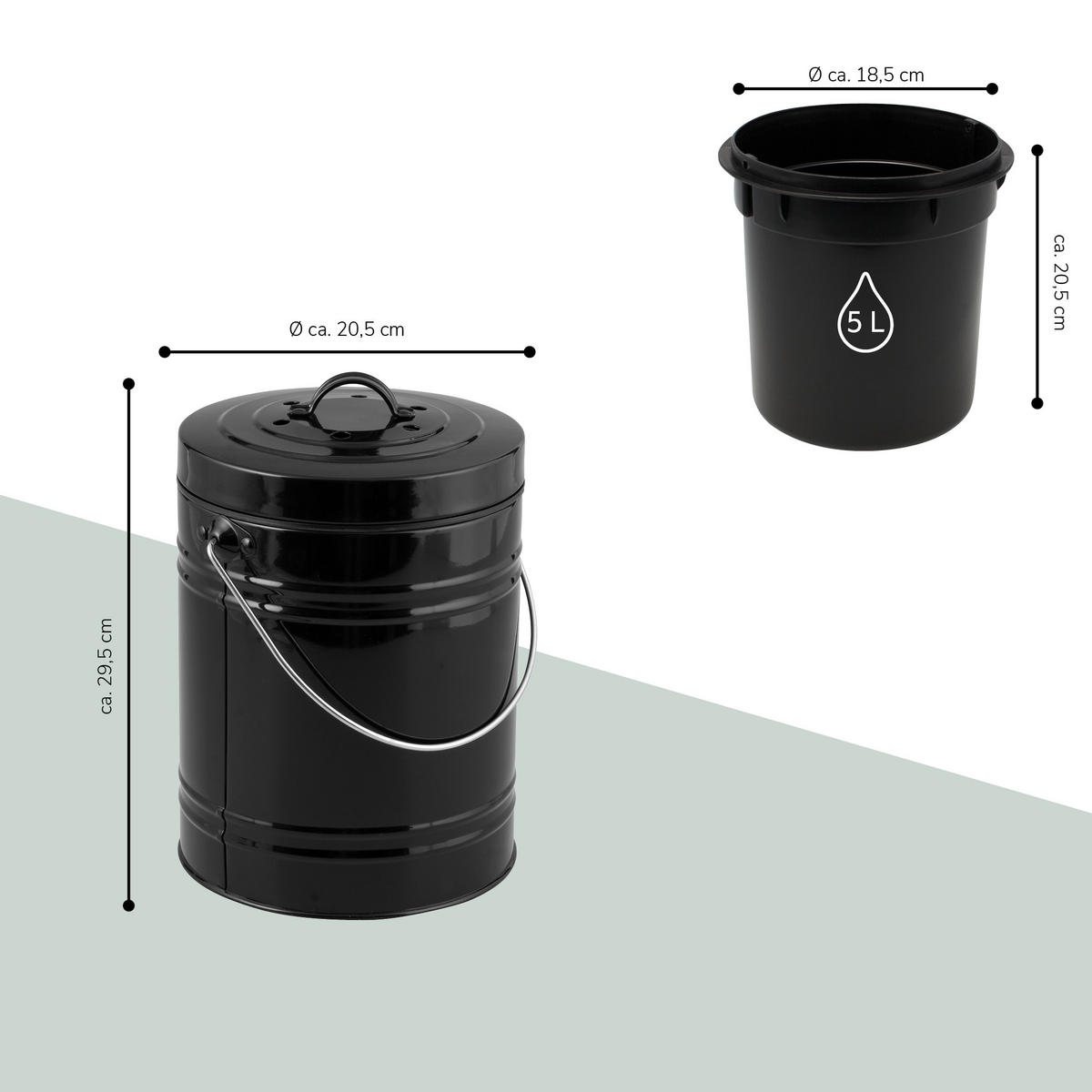 KOMPOSTEIMER 5 Liter, schwarz - Schwarz, Metall (20.5/29.5/20.5cm) - bremermann
