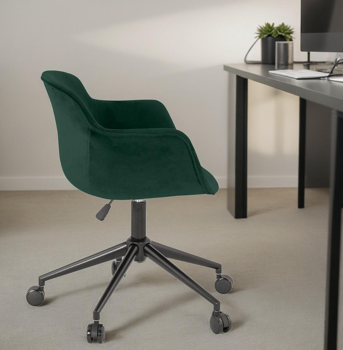 BÜROSTUHL Samt mit Rollen, 360° drehbar und höhenverstellbar PILANO, Grün 54x59x80 cm - Schwarz/Grün, Textil/Metall (59/80/54cm) - KADIMA DESIGN