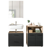 BADMÖBEL-SET 3-teilig in schwarz matt und Eiche Badezimmer mit Spiegelschrank, 135 x 185 cm - Eichefarben/Schwarz, Glas/Holzwerkstoff (135/185/30cm) - Inn.Furn