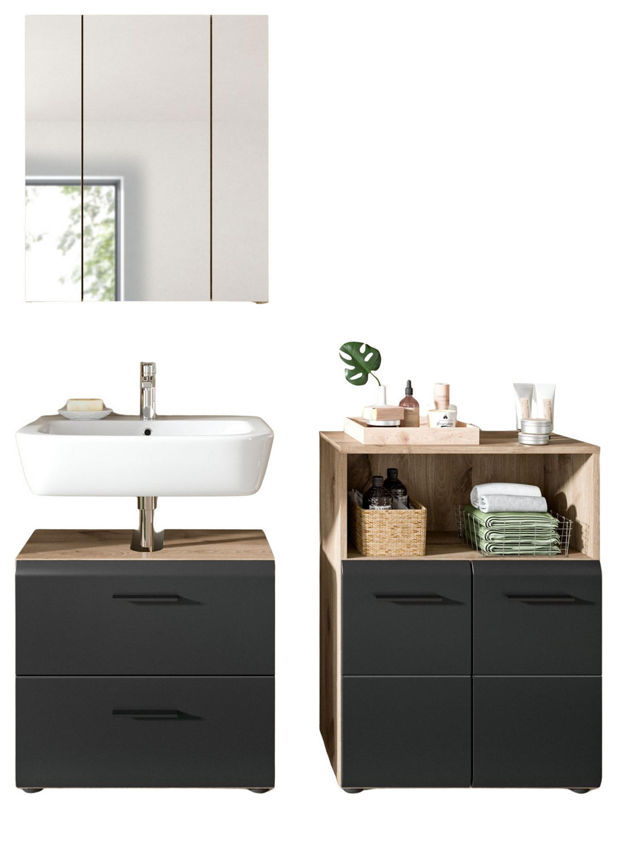 BADMÖBEL-SET 3-teilig in schwarz matt und Eiche Badezimmer mit Spiegelschrank, 135 x 185 cm - Eichefarben/Schwarz, Glas/Holzwerkstoff (135/185/30cm) - Inn.Furn