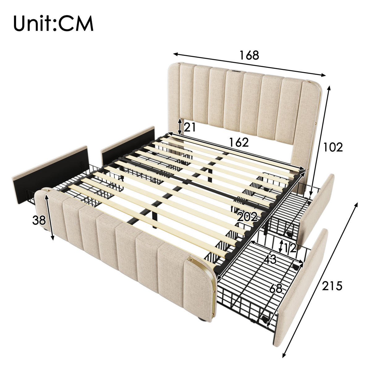 POLSTERBETT mit USB und 4 Schubladen 160x200 cm Leinen Beige - Beige, Metall (160/200cm) - Meubliv