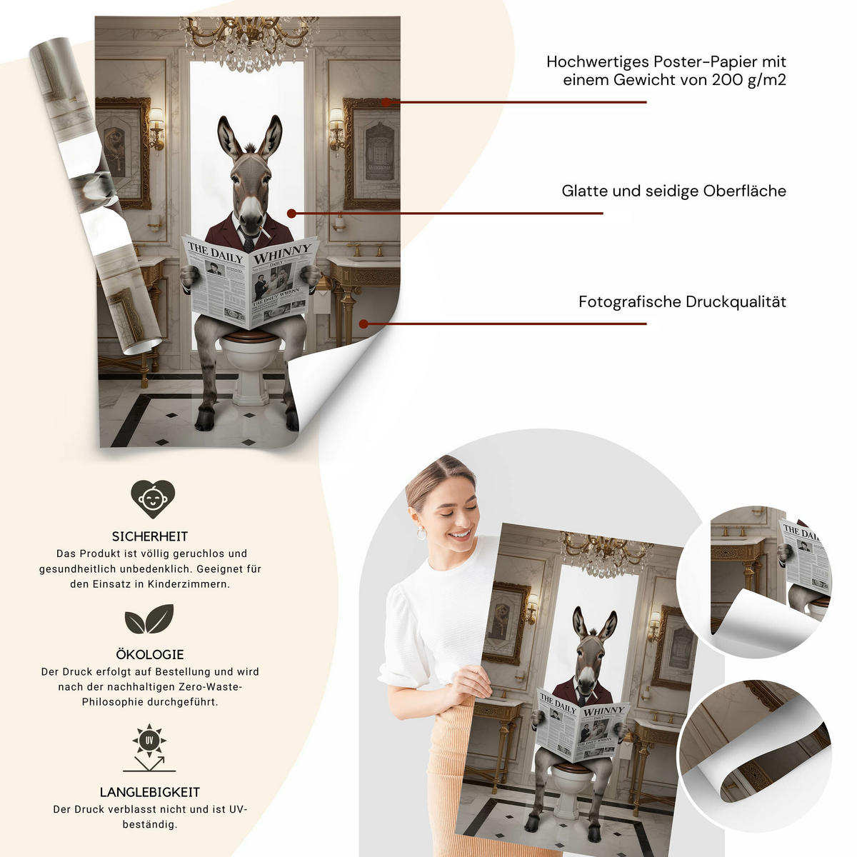 POSTER für Badezimmer WC ESEL im Anzug auf Toilette mit Zeitung Glamour 50x70cm - Beige/Schwarz, Papier (50/70/70cm) - Muralo