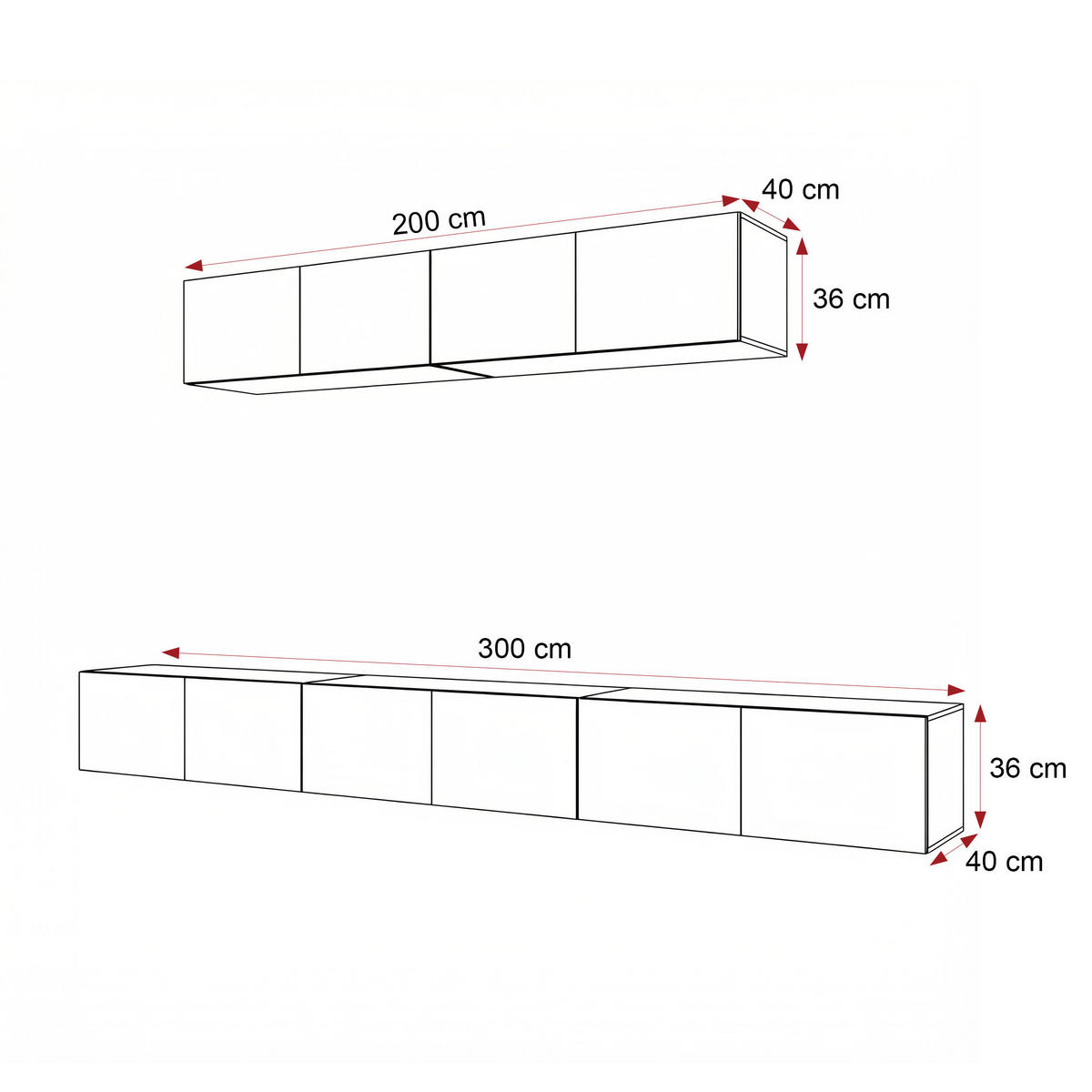 WOHNWAND ANGEL III Mattweiß hängend mit LED-Beleuchtung 300 cm - Weiß, Holzwerkstoff (300/36/40cm) - Idohome