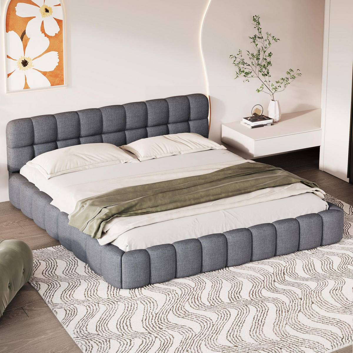 POLSTERBETT 160/200cm, mit Kopfteil in Form von Marshmallows, lattenrost, Doppelbett aus Leinen - Grau - Grau, Textil (160/200cm) - Waldena