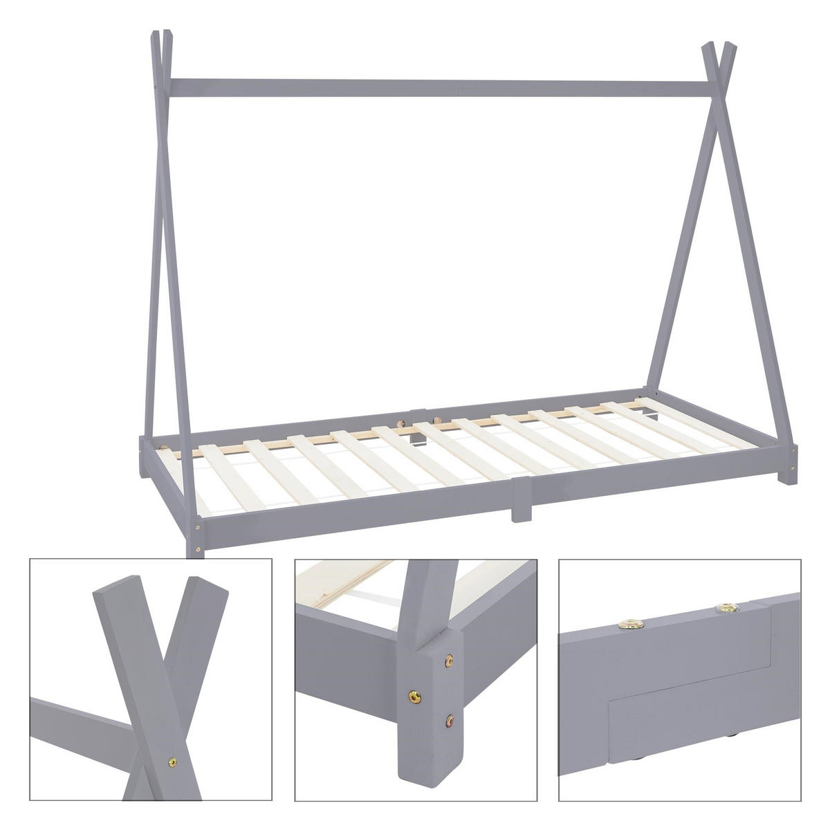 KINDERBETT Tipi mit Matratze 90x200 cm Hellgrau - Hellgrau, Holz (90/200cm) - ML-DESIGN