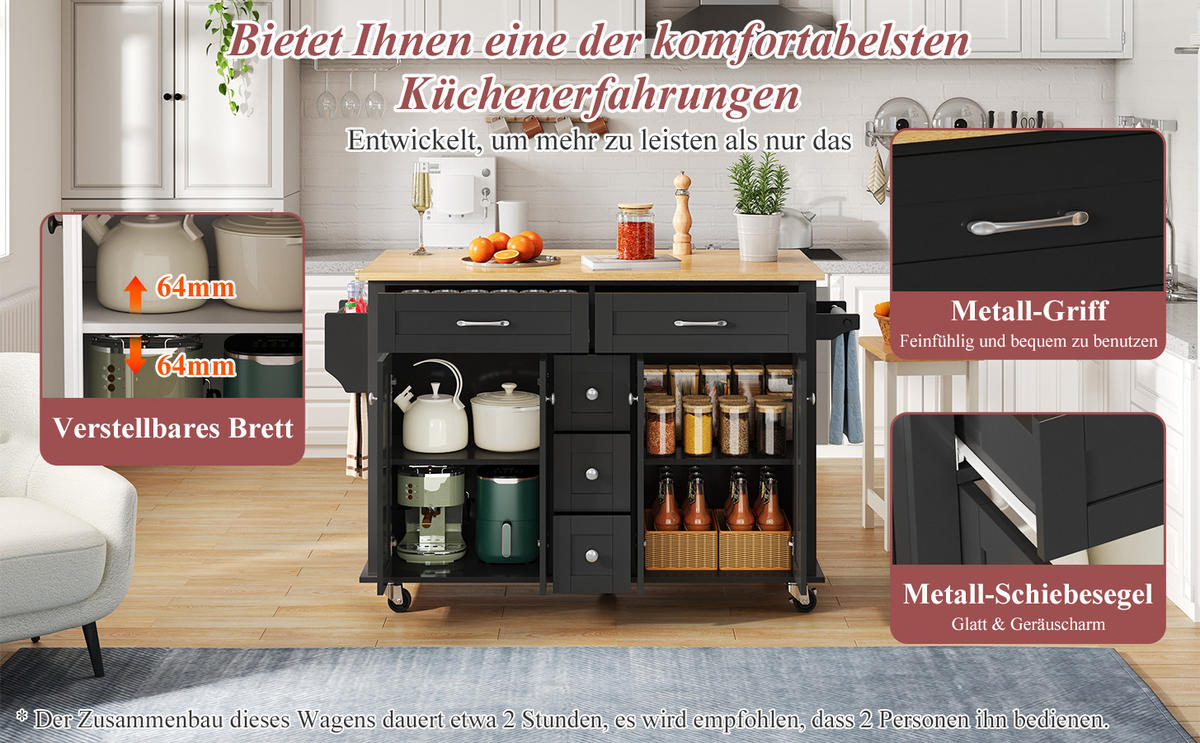 KÜCHENINSEL auf Rollen, ERWEITERBARE ARBEITSPLATTE, mit 5 Schubladen, für Küche und Esszimmer, 140/65/89 cm - Schwarz, Kunststoff (65/89/140cm) - Rolipo