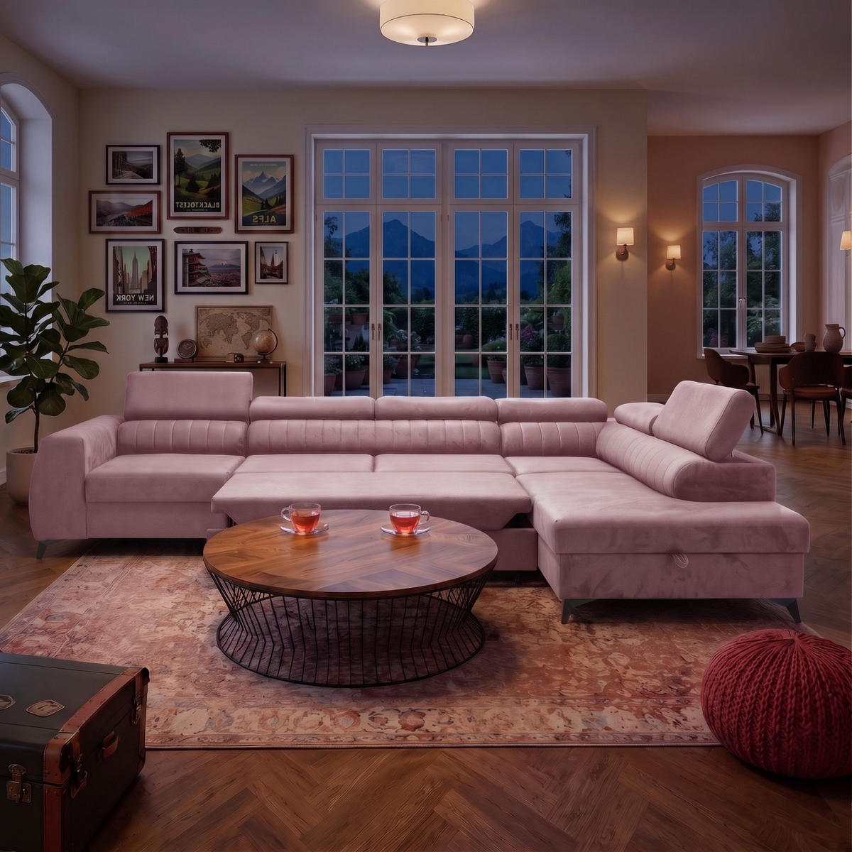 ECKSOFA PIERO MAXI Rechts mit Schlaffunktion 195x125 Velours Rosa - Pink/Schwarz, Holz/Textil (203/350cm) - Muffo