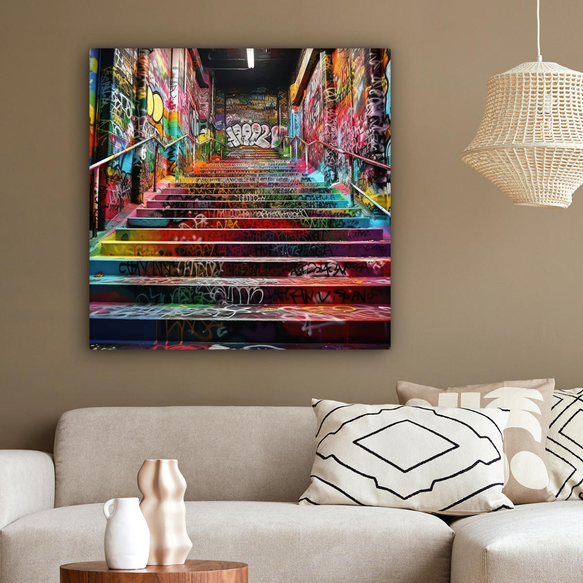 LEINWANDBILD Treppe - Graffiti - Farben - Kunst 90x90 cm - Multicolor, Textil (90/90cm) - MuchoWow