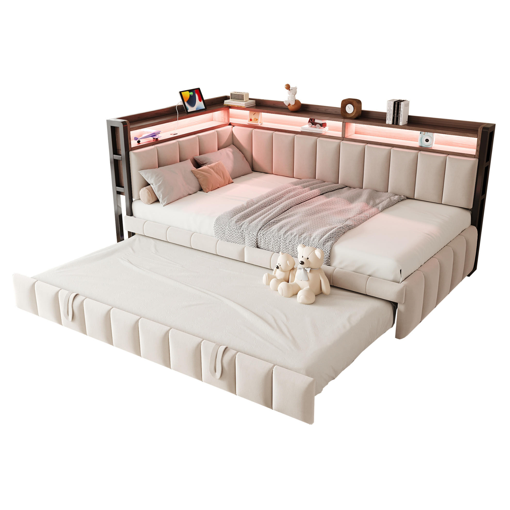 BETT 90/200 cm Beige mit Ausziehbett und LED-Beleuchtung - Beige, Textil (90/200cm) - Flora Grace
