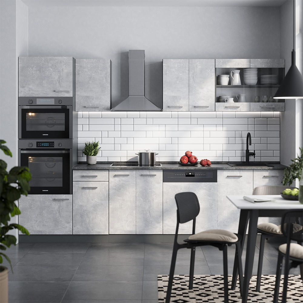 KÜCHENZEILE R-Line Beton/Anthrazit 300 cm mit Hochschrank, ohne Arbeitsplatte - Schieferfarben/Anthrazit, Holzwerkstoff (300/81.6/46cm) - Vicco