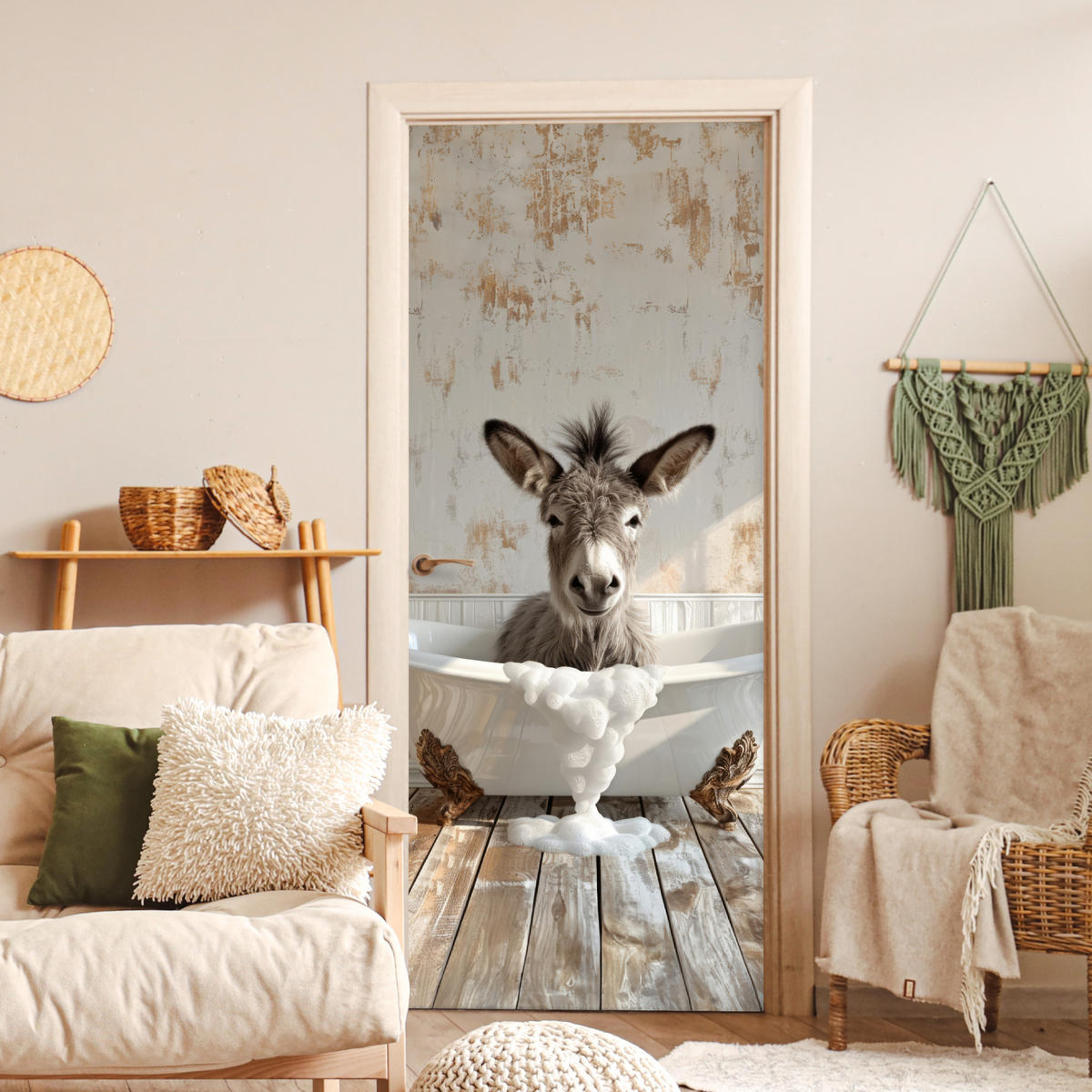 TÜRAUFKLEBER Selbstklebend - Esel - Tier - Vintage - Badewanne 95x215 cm - Türtapete - Eukalyptusholzfarben, Kunststoff (95/0.1cm) - MuchoWow